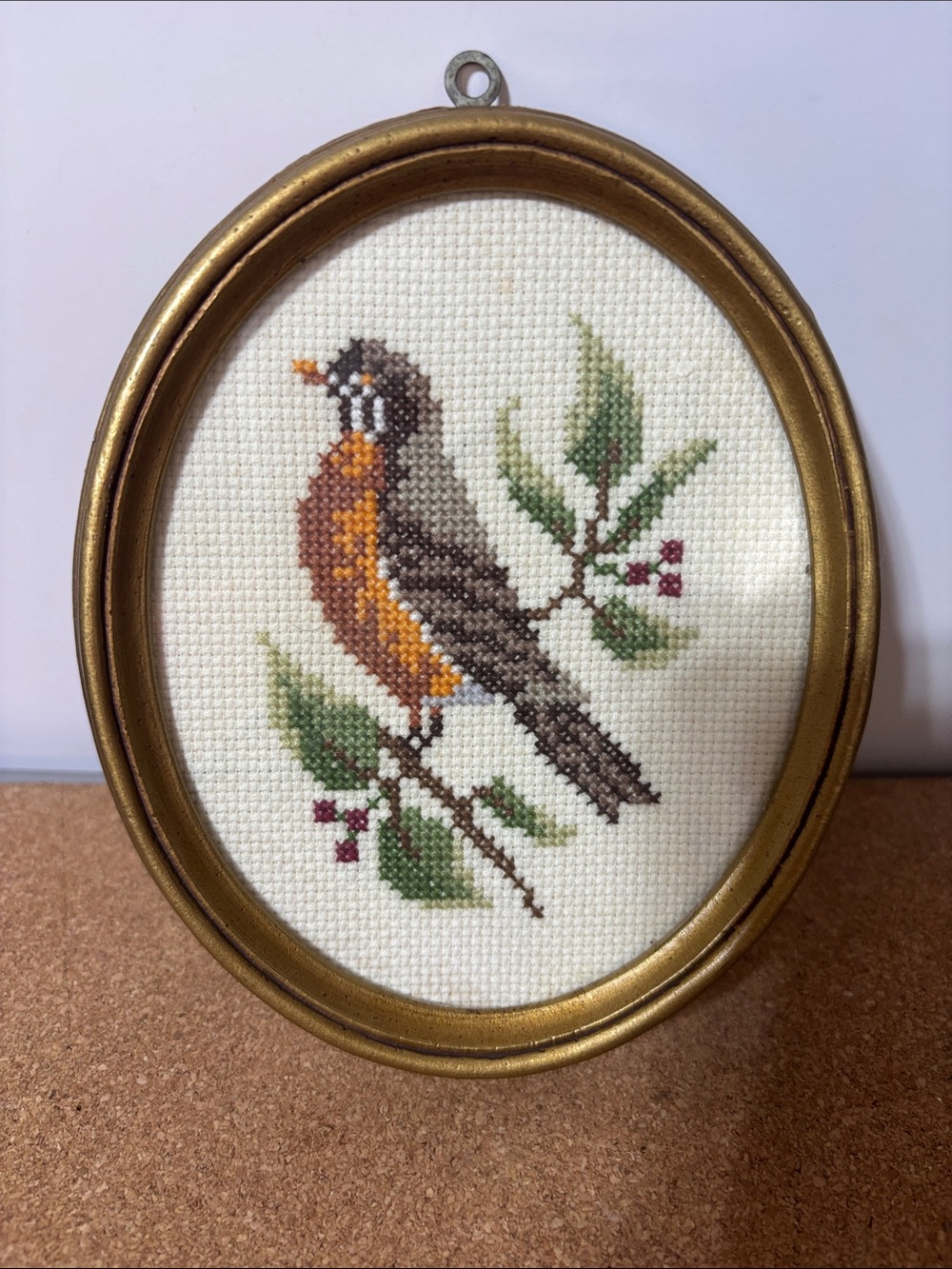 Framed Cross-Stitch Bird Wall Art in Gold 6.5” Vintage